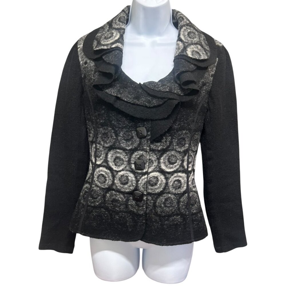 VEX Boiled Wool Blend Ruffle Collar Circle Pattern Jacket Sweater Size S